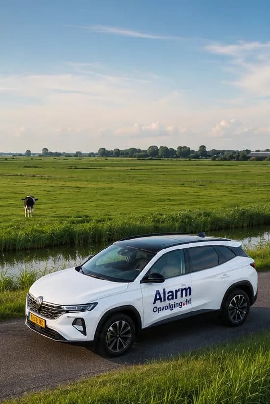 Witte auto met de belettering van Alarmopvolging.frl op een weg door de Friese weilanden